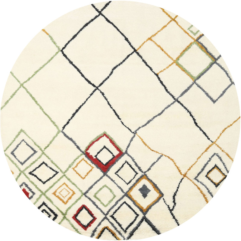 Tapis contemporain beige / rouge, Rond 7 pi