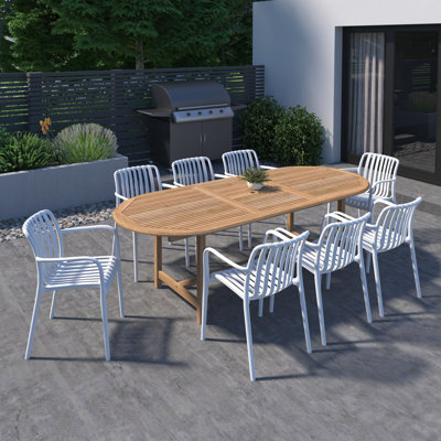 9Pc Dayane FSC Teak And Resin Outdoor Oval Patio Extendable Dining Set