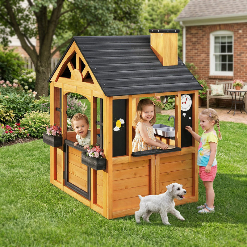 Antigone Cedar Backyard Playhouse With Toy Kitchen, Burlywood