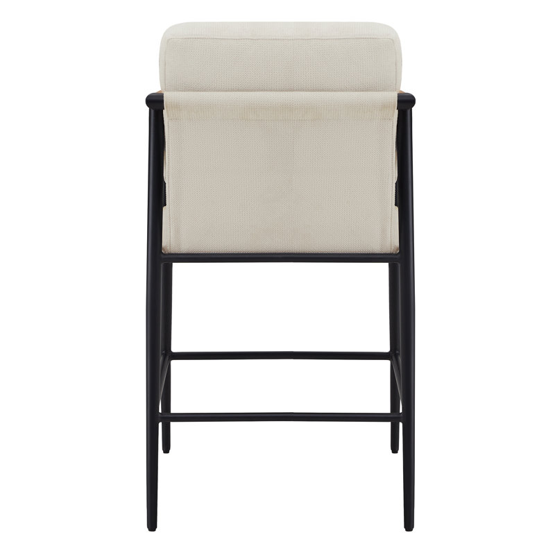 Beige Upholstered Counter Stools with Metal Frame and Wooden Armrests