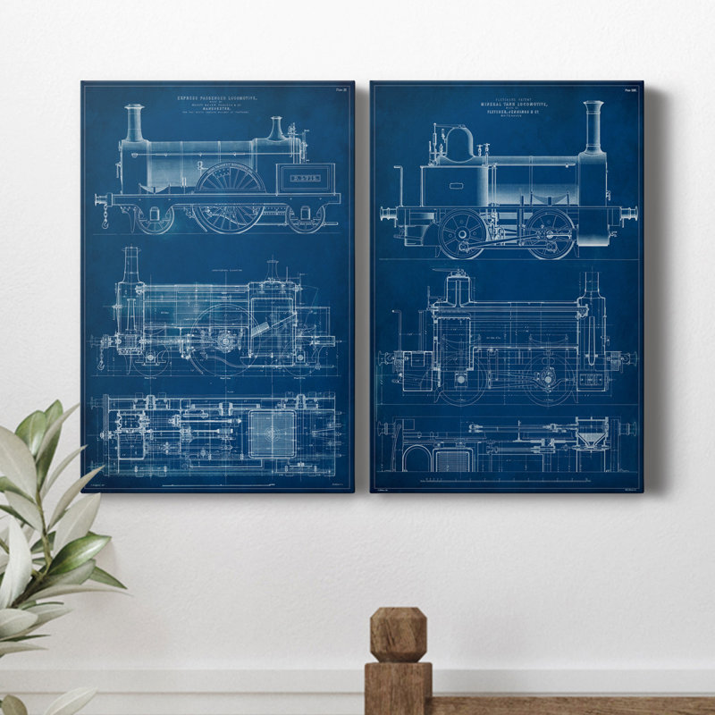 «Locomotive Blueprint I», ensemble de 2 reproductions d'art sur toiles, H 12 po x l 16 po x P 1 po, Toile tendue
