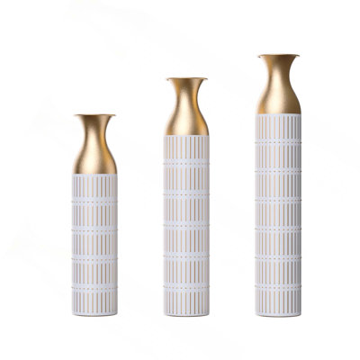 Floor Metal Vases Decorated White Metal Vases Set Of 3 Gorgeous Home Decoration Large Glazed Metal Vases 24In/28.7In/33.5In Height