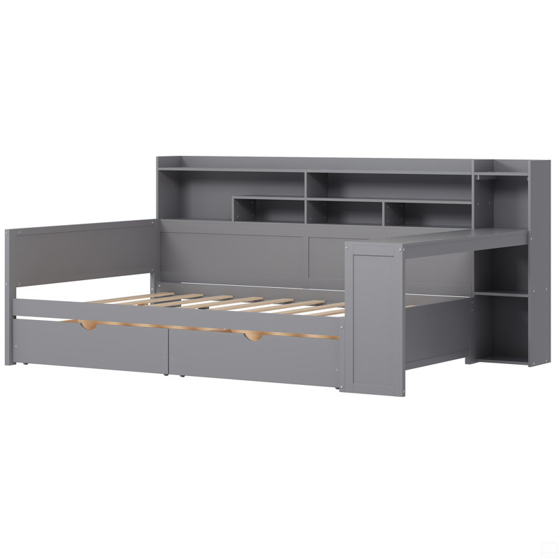 Lit de jour double avec tablettes de rangement, lit multifonctionnel avec deux tiroirs de rangement