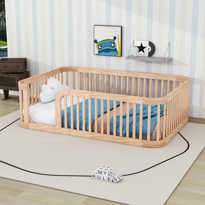 Wood Full Floor Bed Frame With Fence-Style Guardrails, Natural
