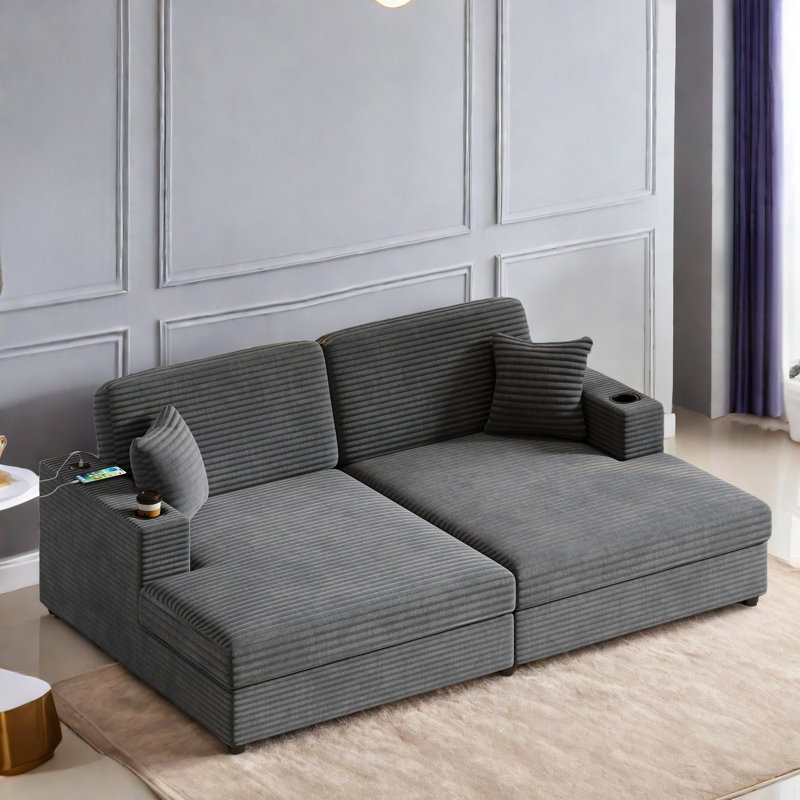 Canapé-lit 86,5 po surdimensionné avec causeuse 86,5 po avec deux ports USB, deux porte-gobelets et deux coussins décoratifs pour le salon et la chambre à coucher