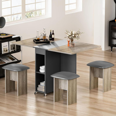 Folding Dining Table Set For 4, Drop Leaf Dinner Table With 4 Upholstered Chairs And 2-Layer Shelves, Space Saving Foldable Kitchen Table With 6 Casters For Small Spaces,