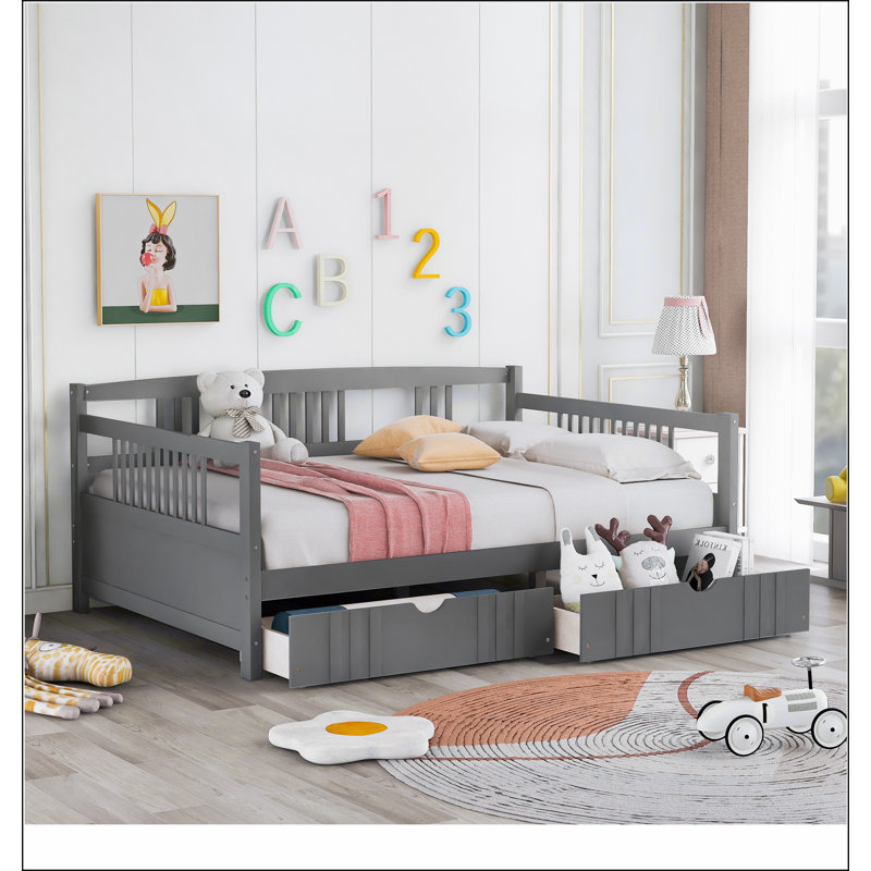 Daybed Wood Bed with Two Drawers, Gray, Full
