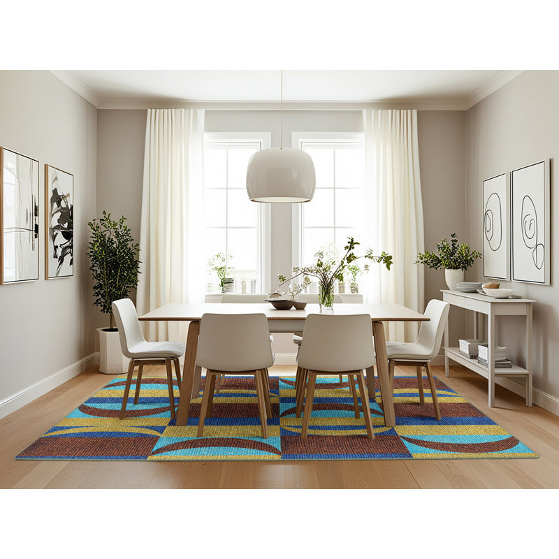Tapis brun/vert/bleu à motifs, Rectangle 7 pi x 10 pi