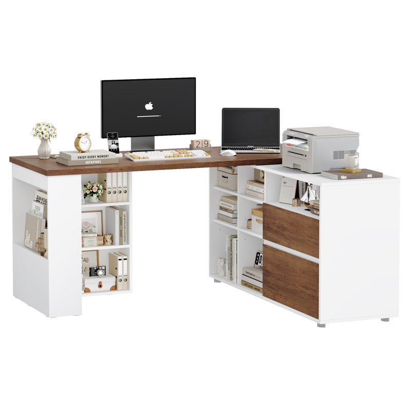 61'' Farmhouse L Shaped Desk With Storage Drawers, Home Office Extendable Corner Computer Desk