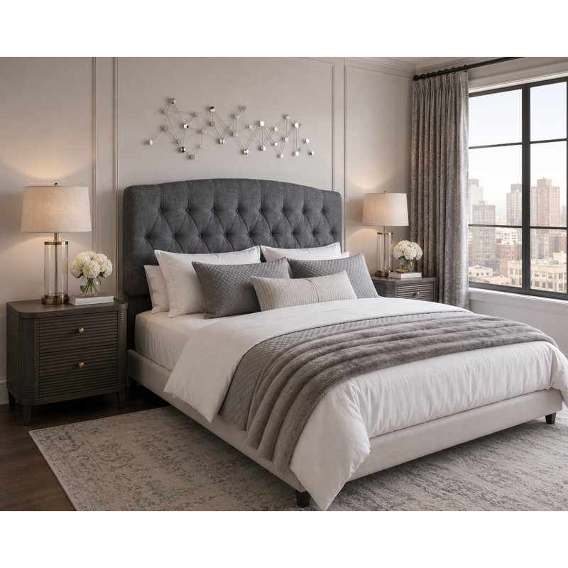 Camelback Diamond Tufted Upholstered Panel Headboard, King, Mossy Gray