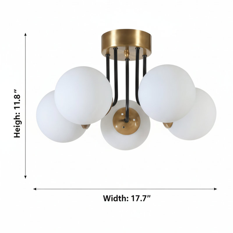 Modern 5-Light Semi Flush Mount With Glass Globe Shades, Amber/Black, White