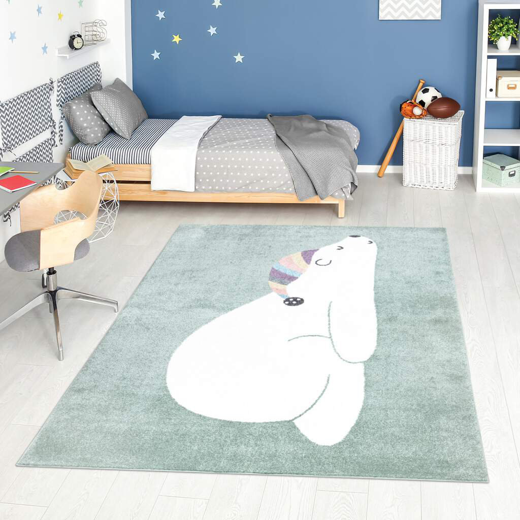 Kinderteppich Grün - 80X150 Cm - Traum-Bär, Tier-Motiv - Kinderzimmer-Teppich Kurzflor