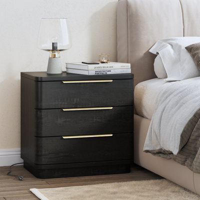 Nightstand With Charging Station, Mid Century Bedside Table With 3 Drawers, Black