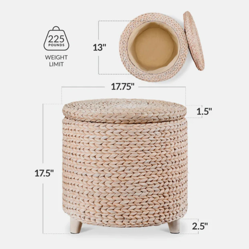 Round Storage Ottoman, Whitewash