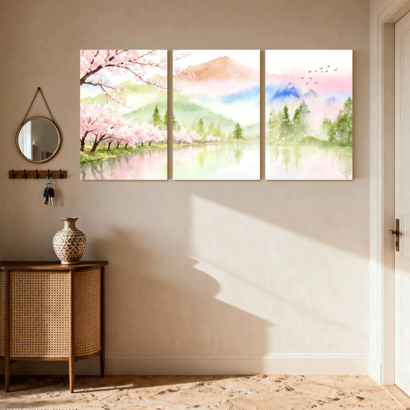 Paysage et nature Cherry Blossom Lake Mountain Reflection Spring Landscape, ensemble de 3 impressions sur toile