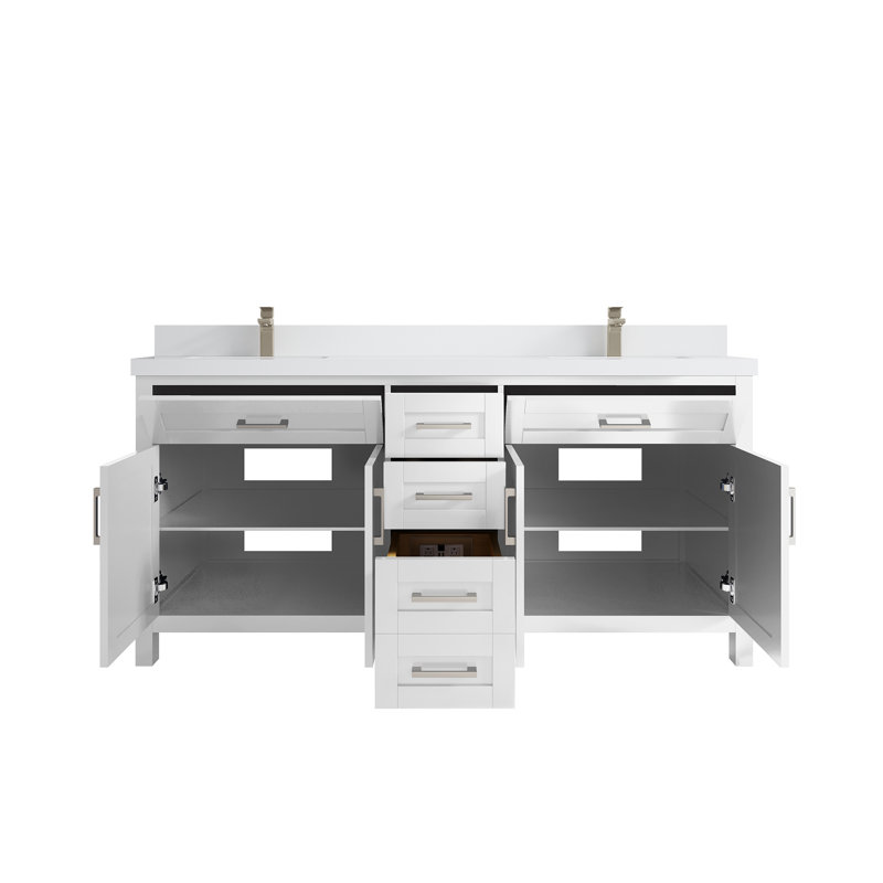White Solid Wood Double Sink Freestanding Bathroom Vanity with Quartz Top
