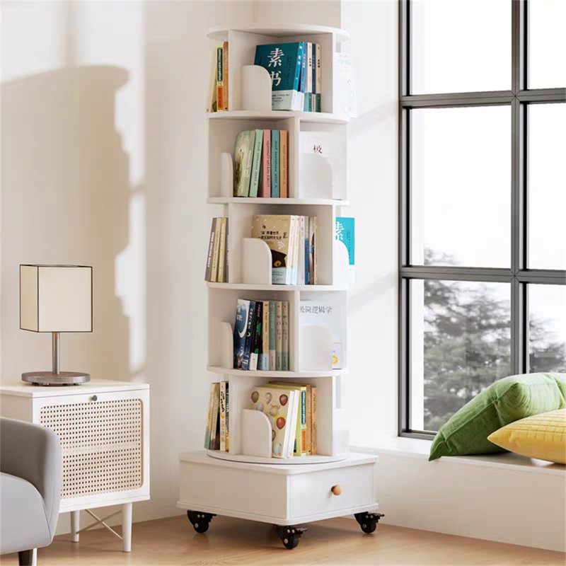 Bibliothèque rotative avec tiroir, (5 tablettes) H 68,89 po x l 18,11 po x P 18,11 po, Blanc