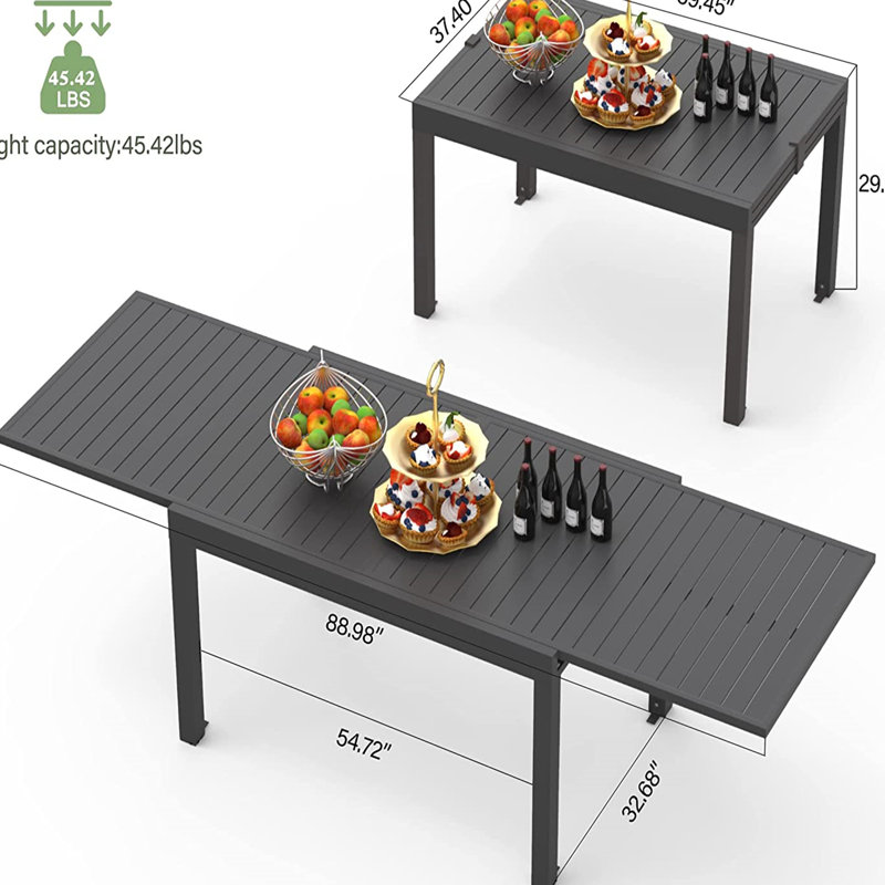 Table de salle à manger extensible d'extérieur en métal noir, pour 6 à 8 personnes