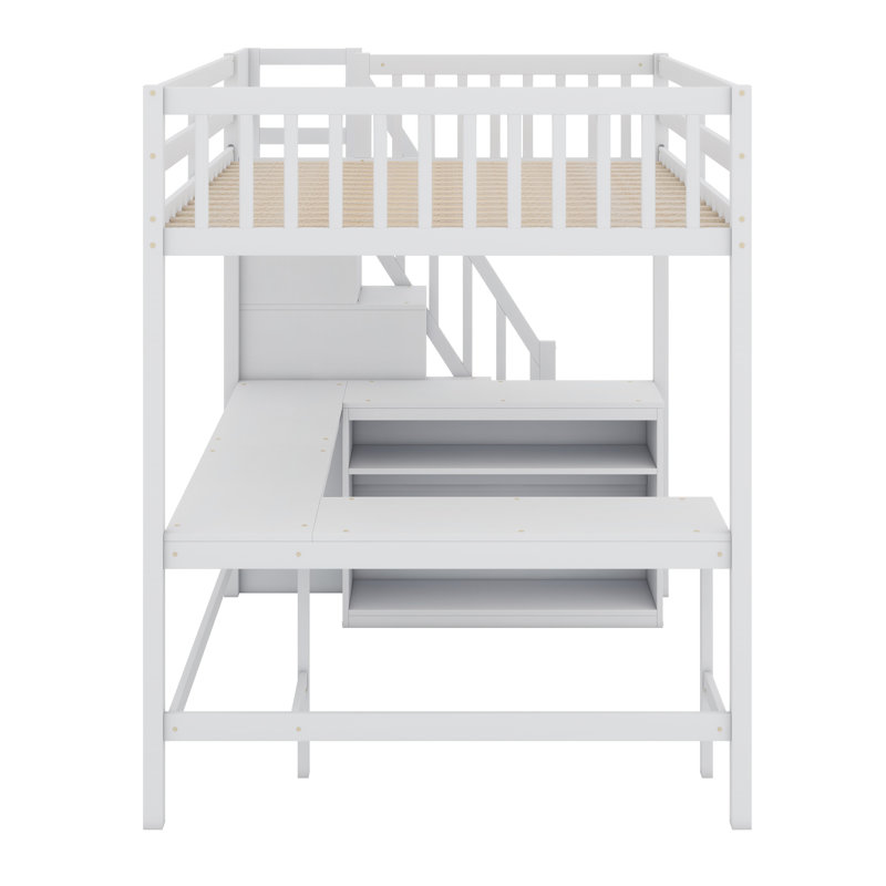 Lit mezzanine avec bureau intégré en forme de L et tablettes de rangement à trois niveaux, et escalier de rangement attaché
