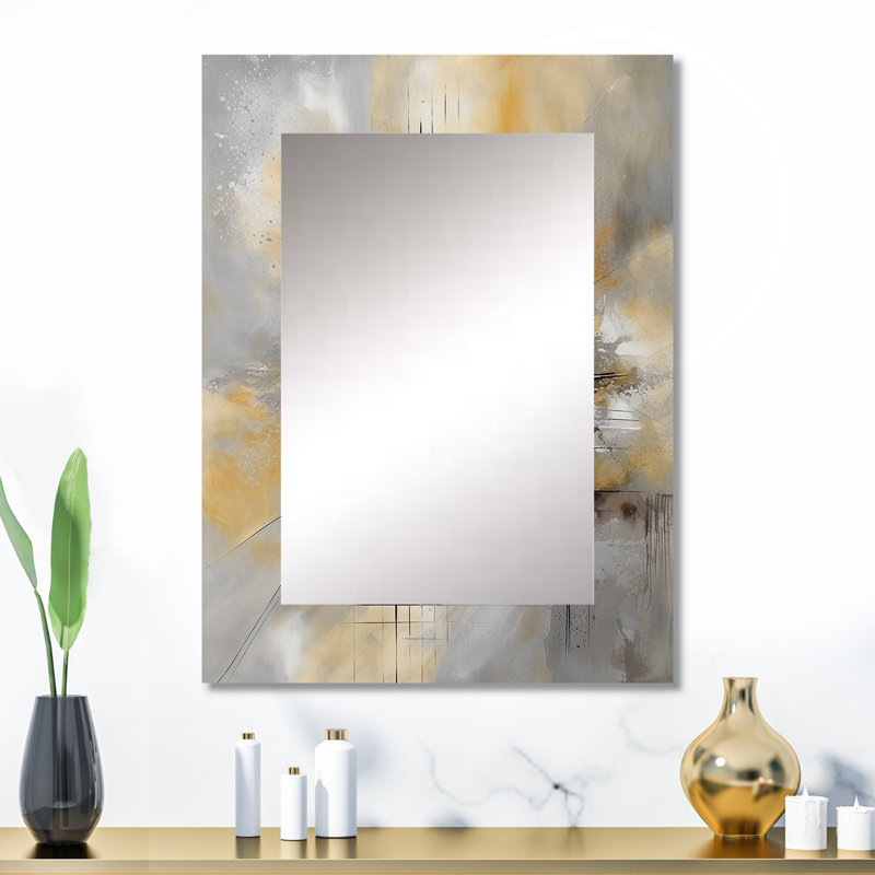 Yellow And Grey Beyond The Canvas I - Abstract Painting Mirror, Yellow Decorative Wall Mirror, Printed Metal Art, 32" x 24"