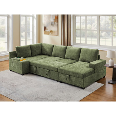 Pull-Out Sofa With Storage Chaise, Upholstered Couch With Console