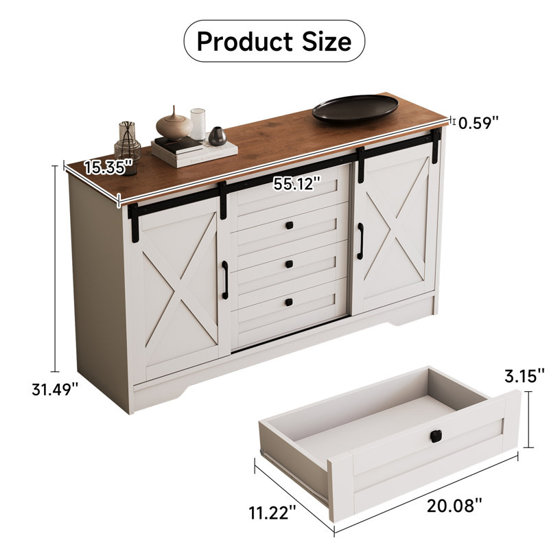 Ertekin 55.11‘’ Wide Rustic Sideboard with 2 Sliding Barn Doors and 4 Drawers, Tv Stand Cabinet, White/Walnut