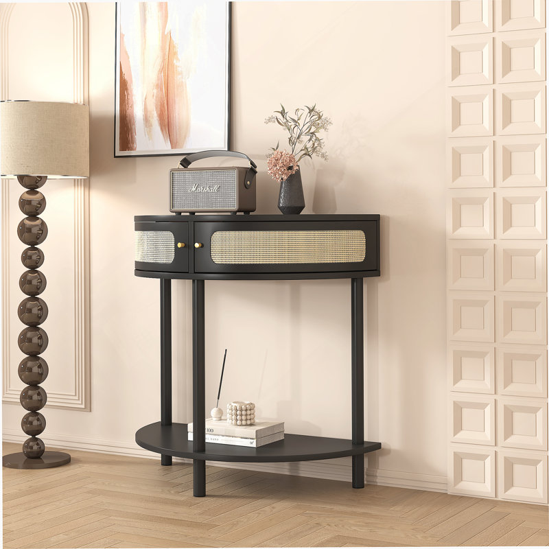 Unique Half Moon Design End Table with Sliding Rattan Door,Elegant Semi-circle Entryway