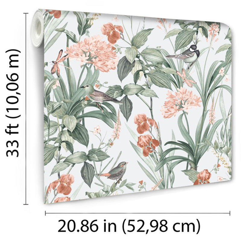 Papier peint botanique Mint Birds and Dragonflies, Vert