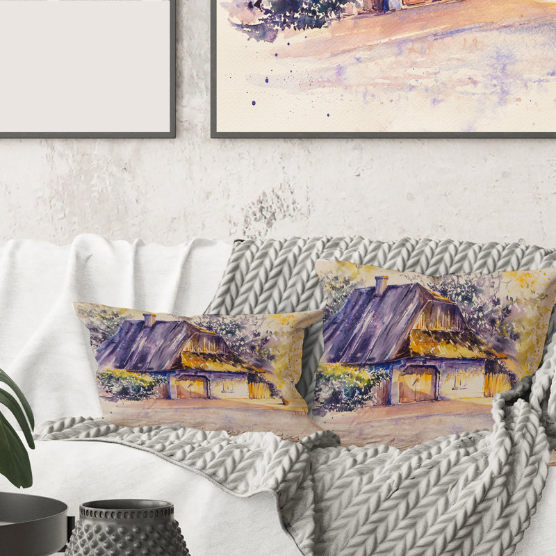 Carré, vieille maison blanche en bois à Country Side Village - Coussin décoratif à imprimé traditionnel, 16" x 16"