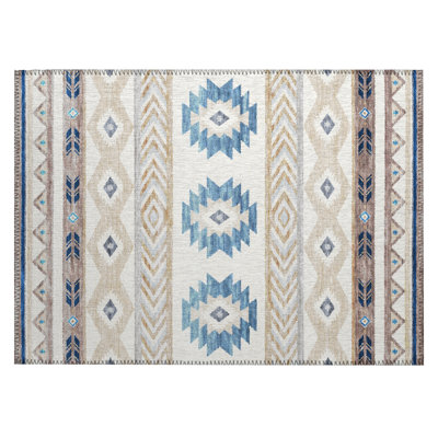 Tapis ivoire / bleu en polyester tissé à la machine Mentzer Southwestern