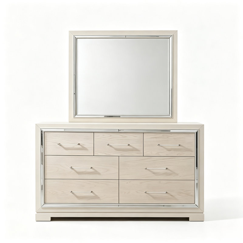 Commode moderne et glamour à 7 tiroirs en bois brun clair avec miroir, poignées en acrylique et bordure biseautée - Meuble de rangement pour chambre à coucher