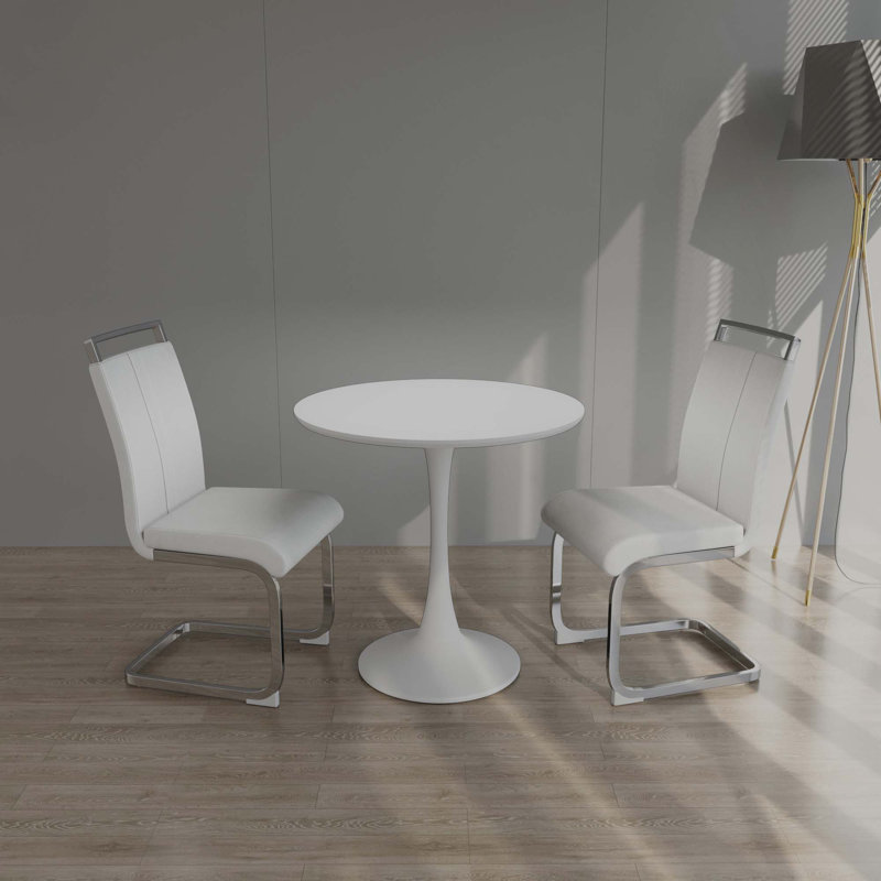 Table de salle à manger circulaire, table de salle à manger, table de salle à manger pour 2 à 4 personnes, plateau et base en panneau de fibres à densité moyenne et 2 chaises de salle à manger en métal plaqué en polyuréthane