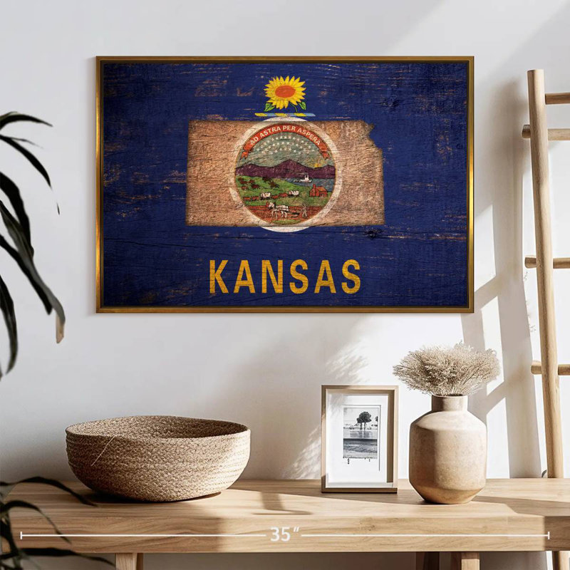 Carte de l'État sur le drapeau du Kansas, Cadre flottant doré, 25 po x 17 po