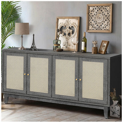 Handcrafted Premium Grain Panels,Rattan Sideboard Buffer Cabinet With 4 Rattan Doors, Modern Storage Cupboard Console Table with Adjustable Shelves for Living Room(Antique Dark  Gray)