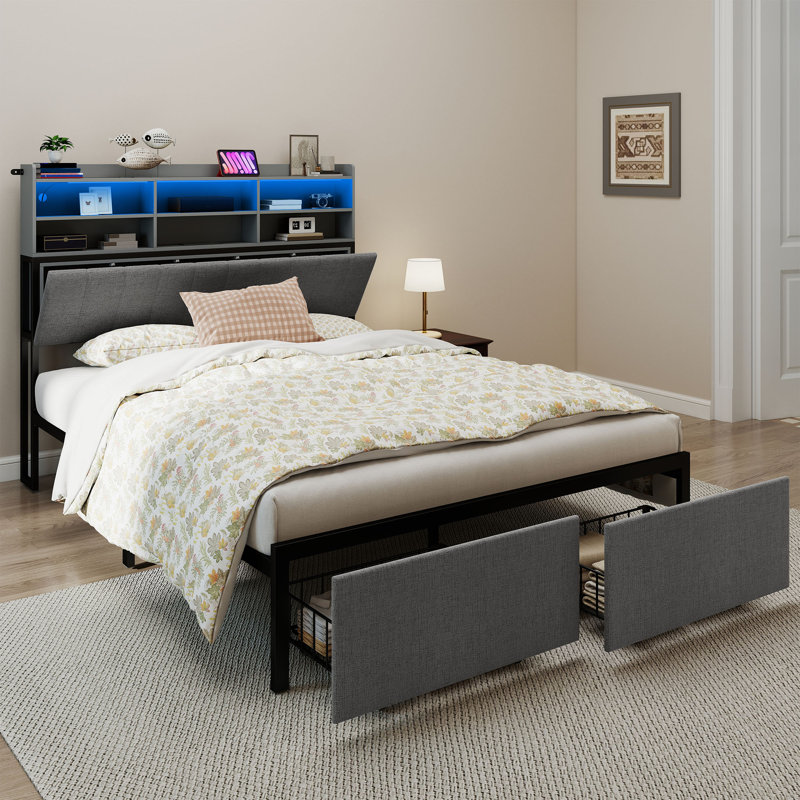  Upholstered Platform Bed with Storage Footboard, Gray