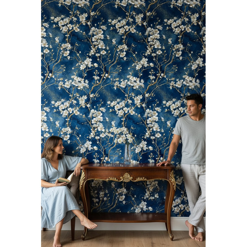 Papier peint floral, décoration murale or bleu