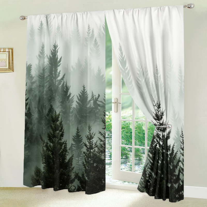 2Pcs Forest Mist Curtains, Green Pine Tree Foggy Landscape Nature Scenery  Light Filtering Curtain For living bedroom Kitchen Rod Pocket Window Drapes