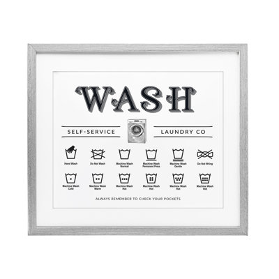 «Wash Cycles Instructions», impression encadrée sous verre, design avec lettres et doublure