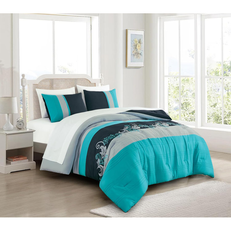 Alana Luxury Floral Embroidered Bed in a Bag Comforter Set, Black/Gray/Teal Blue, Queen Comforter + 6 Additional Pieces