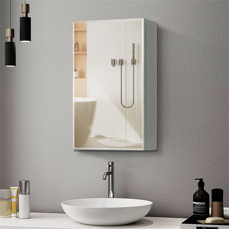 Pharmacie en aluminium 20 po x 26 po avec miroir, fixation en surface ou encastrée, charnières à fermeture en douceur et tablettes réglables