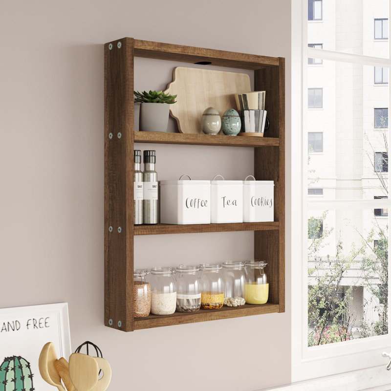 Élégante tablette murale, couleur noyer, 17,0 x 23,6 x 3,5 pouces | 100% panneau de particules enduit de mélamine, épaisseur: 0,7 pouce | Conception moderne avec plusieurs tablettes pour la maison ou le bureau, solution de rangement élégante et fonctionnelle