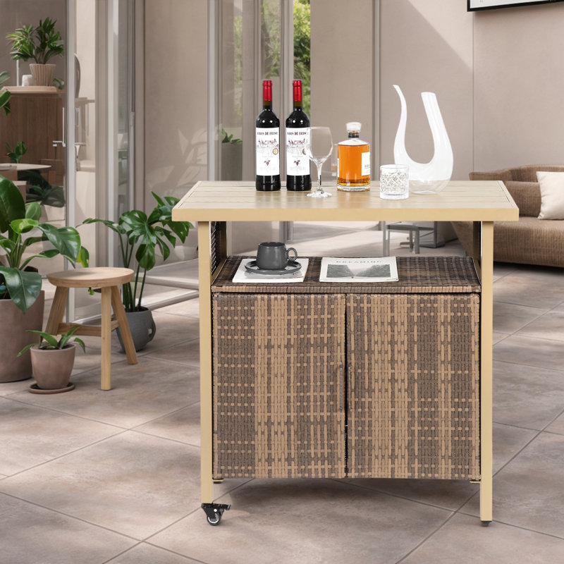 Chariot-bar extérieur en osier (table seulement incluse), Beige