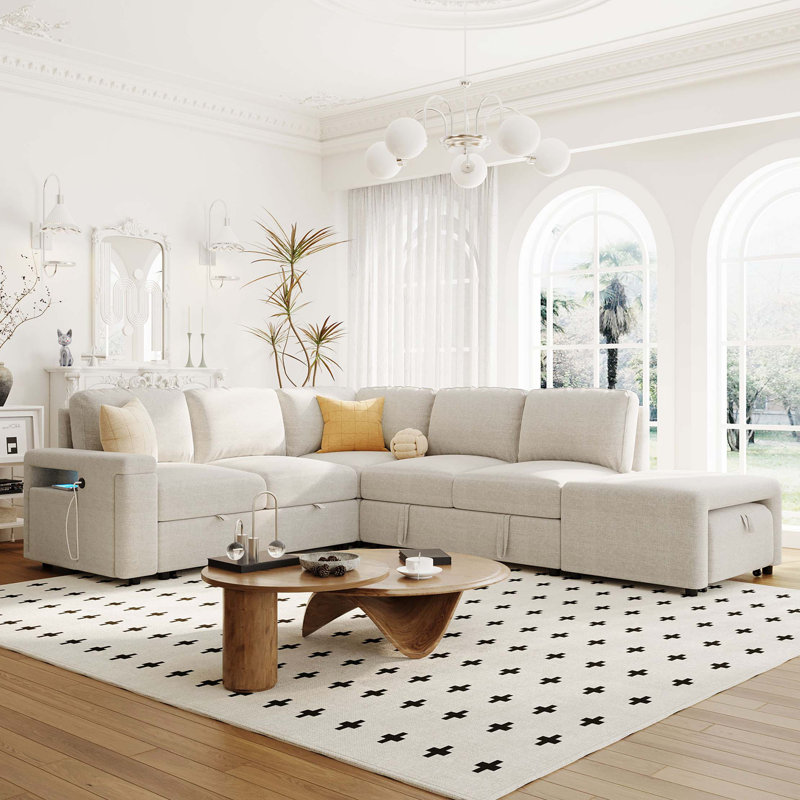 L-shaped Padded Sectional Modular Sofa with Storage Space, USB Ports, and Cup Holders on the Armrests, Beige