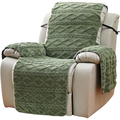 Geometric Jacquard Plush Recliner Chair Cover Soft Fuzzy Fluffy Reclining Chair/Furniture Protector with Elastic Straps for Kids, Pets(Green,21.7")