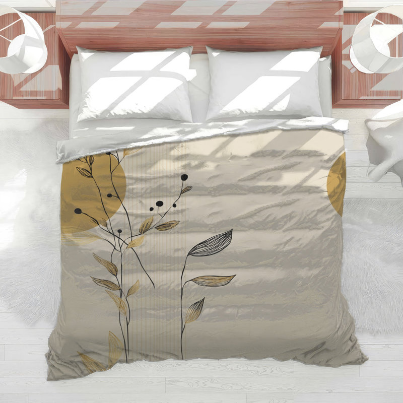 Édredon floral avec literie minimaliste, Lit simple, Abstrait floral beige