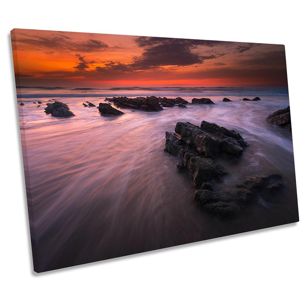 Sunset Rocky Beach Ocean - Wrapped Canvas Print