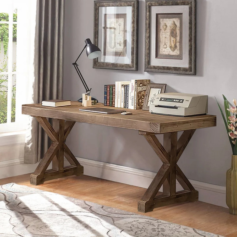 Natural Wood Rustic Farmhouse Trestle Base Office Desk