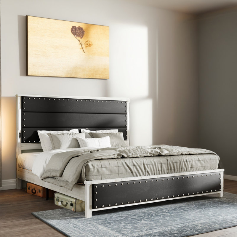 Ama Maker Bed Frame Headboard & Footboard & LED Lights & USB Charging Port,Black, King
