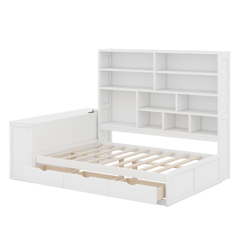 Lit de jour avec tiroirs, bureau, tablettes et lumières, Blanc