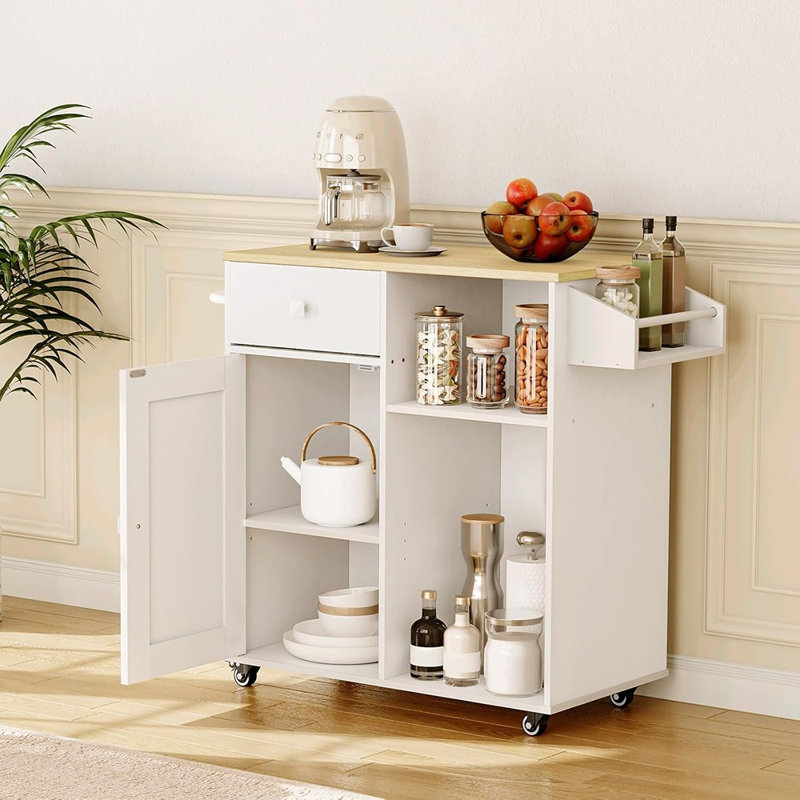 Kitchen Storage Cabinet With Drawer, Kitchen Cart With Spice And Towel Rack, Space-Saving Mobile Island For Living Room, White And Natural